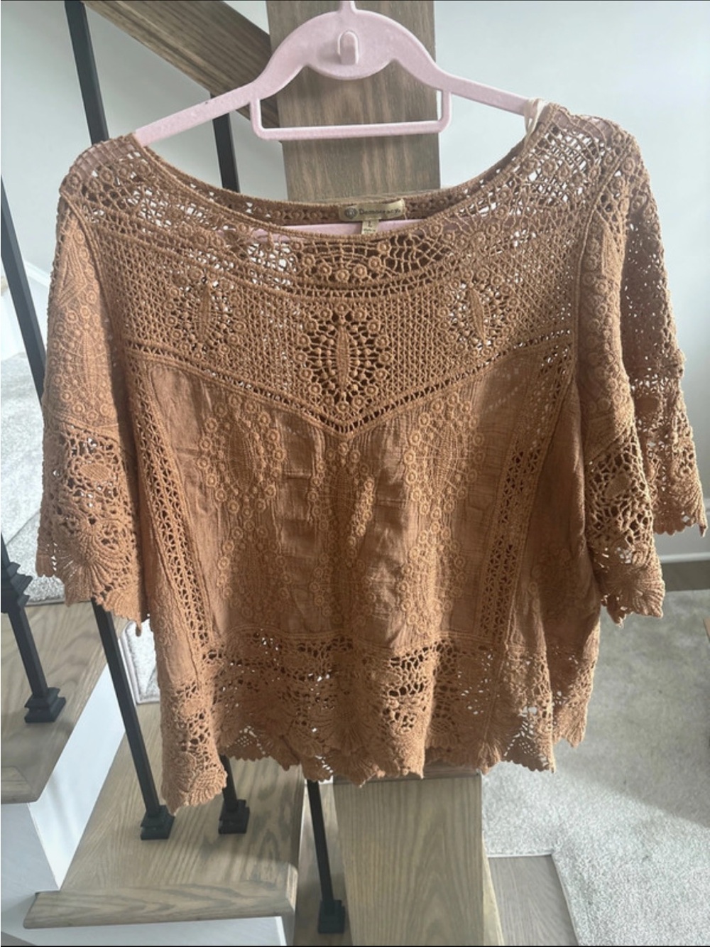 Democracy Crochet Lace Boho Blouse in Tan